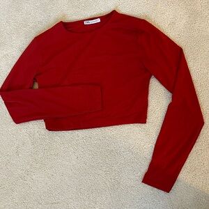 Zara Cropped Long Sleeve Deep Red Top Double Lined Slinky Soft Size Large